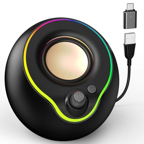 LNEURE USB Computer Speakers, Laptop Speakers, Plug Play, Loud and Clear Sound, Easy Access Volume Konb, with Type C Adapter, Colorful Lights, for Desktop, PC, Laptop, Phone