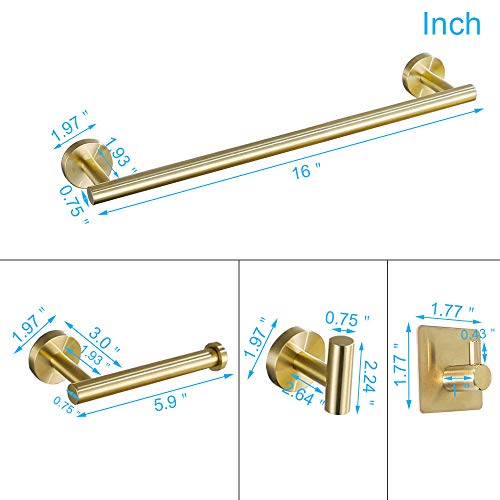 Tocten 5 Pcs Bathroom Hardware Set Sus304 Stainless Steel-Towel Rack Set Include Lengthen Hand Towel Bar+Toilet Paper Holder+3 Robe Towel Hooks Bathroom Accessories Towel Bar Set (Brushed Gold, 16In) #TOP5