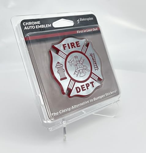 Image of Elektroplate Fire Department Cross Firefighter OEM Chrome and Red Emblem for Cars, Trucks, and All Auto | Universal Fit at 2.75 inch x 2.75 inch | Weatherproof