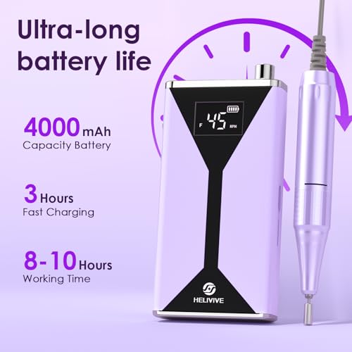 Image of Professional Electric Nail Drill 45000RPM Cordless Nail File | Portable & Rechargeable, 11 Drill Bits, for Shaping, Polishing & Removing Gel Nails for Salon Home (Purple)