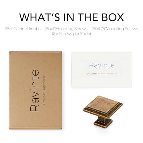 Image of Ravinte 25 Pack 1-3 /16 Inch Antique Brass Kitchen Square Cabinet Knobs Solid Drawer Pulls Single Hole Kitchen Cabinet Hardware Knobs for Cabinets and Drawers