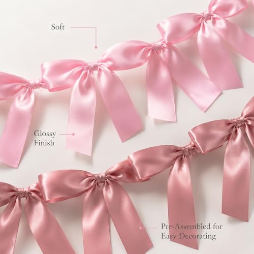 Pink Bow Garland Banner Coquette Birthday Party Decorations, 5.9FT Satin Bow Banner Decorations for Baptism Gift Daughter Nursery Baby Bridal Shower Wedding Favors Engagement Party Supplies — view 3