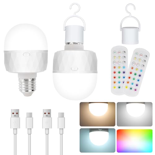 HOSSOM 2PCS Bombilla LED Recargable E27, 5000 mAh Magnética Bombilla Inteligente Desmontable con Mando a Distancia 3 Temperaturas de Color+12 Colores RGB Sin Cable Luz de Emergencia para Camping