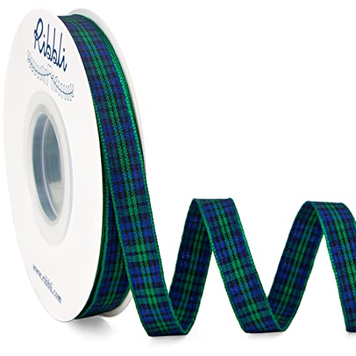 Ribbli Black Watch Tartan Ribbon 3/8 Inches x Continuous 25 Yards Christmas Ribbon Use for Gift Wrapping Christmas Decoration-Blue/Green