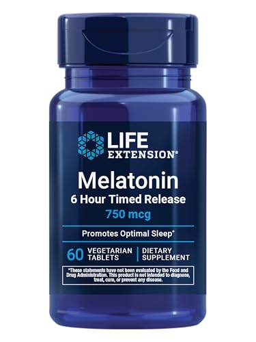 Life Extension Melatonin 6 Hour Timed Release 750 mcg Extended-Release Formula for Gentle Sleep Support Healthy circadian Rhythms Cellular Defense Gluten-Free Non-GMO Vegetarian 60 Tablets