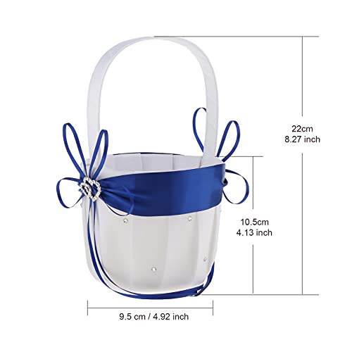 pistro Elegant Flower Girls Basket Rhinestone Double Heart Satin Flowers Basket Wedding Ceremony Party Decor - Royal Blue - Thumbnail 3