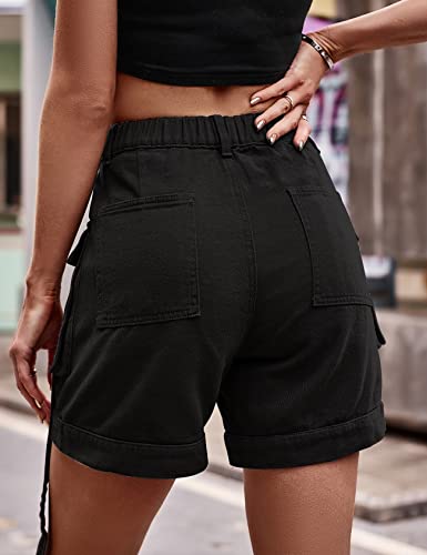 Arssm Cargo Shorts For Women With Pockets High Waist Hiking Shorts Baggy Workout Denim Shorts Wide Leg Summer Ladies Cargo Shorts(Black-S) #TOP3
