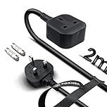 Single Extension Lead 2m, 1 Gang Plug Socket Surge Protected, 13amp 250V 3kw UK 3 Pin Fused Mains Single Socket Extension Lead for Tumble Dryer, Rubber, Tough and Fireproof, Black