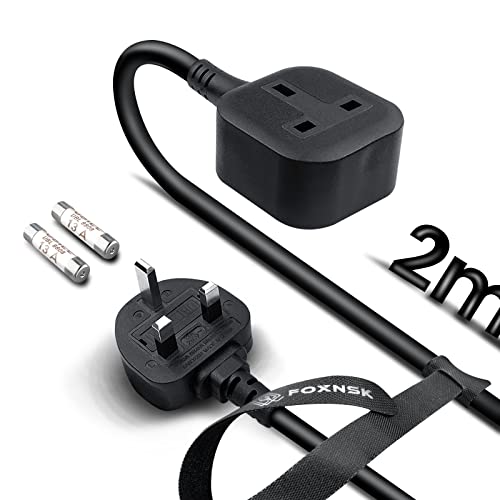 Single Extension Lead 2m, 1 Gang Plug Socket, 13A 250V 3kw UK 3 Pin Fused Mains Single Socket Extension Lead, Rubber, Tough and Fireproof, Black