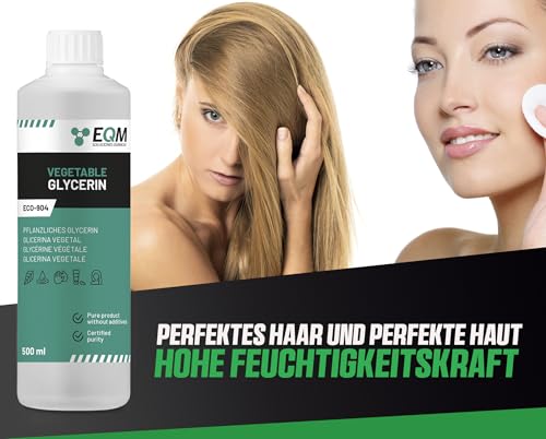 EQM - ECO-904 - Pflanzliches Glycerin - 500 ml - Reinheit 99,5% Glycerin 100% Natürlich - Natürlicher Feuchtigkeitsspender für Haare und Haut - Ideal für Seifen, Shampoos, Cremes, etc.
