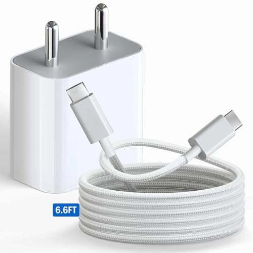 Image of Apple 20W USB-C Fast Charger with 6.6Ft Braided Cable | Compatible with iPhone 15 /15 Plus /15 Pro /15 Pro Max, iPhone 16 /16 Plus /16 Pro /16 Pro Max, iPad (USB-C) & Samsung Galaxy S Series Smartphones