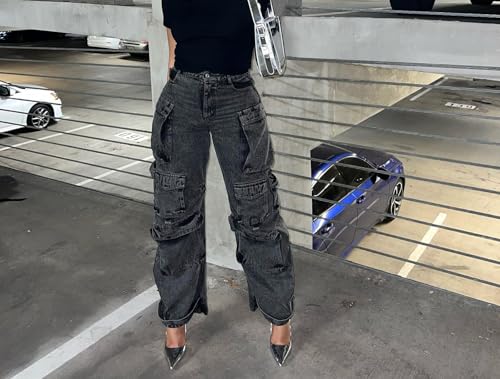 LKOUS Women's Y2K Baggy Straight Wide Leg Cargo Jeans, Streetwear High Waisted Denim Pant2