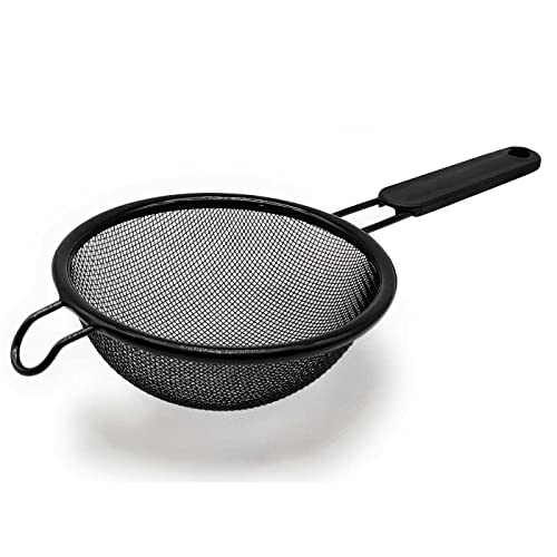 Tradineur - Colador de malla fina antiadherente, incluye mango de metal recubierto de plástico, colar harina, pasta, té, apto para lavavajillas (Negro, Ø 18 cm)