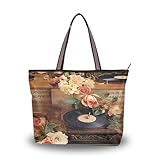 Sevdomey Bolsa de mano vintage para tocadiscos para mujer con cremallera, bolsa de lona de gran capacidad para el trabajo, viajes y compras, Tocadiscos vintage, 45 x 33 x 13cm