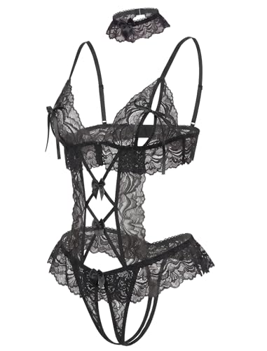 Avidlove Womens Lace Teddy Bodysuit Lingerie Set with Choker V Neck Black S - image 2
