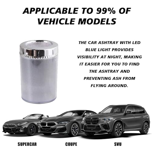 Image of Car Ashtray with lid Smell Proof, Smoke-free portable mini car trash can with LED Blue Light,Removable Stainless Steel Car Cup Holder Universal Car Interior Accessories(Colorful)
