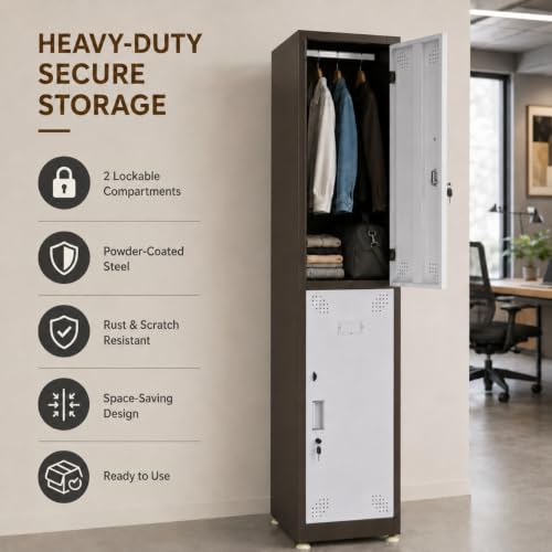 Image of Amazon Brand - Solimo 2 Door Steel Staff Locker Cabinet | Heavy Duty Lockable Storage Cupboard for Office Gym School Hostel Home | Powder Coated Metal Personal Storage Locker (Brown)