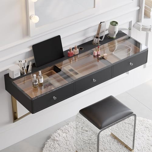 homary Floating Makeup Vanity with Drawers, Modern Black Beauty Station Wall Mounted Dressing Table with Tempered Glass Top