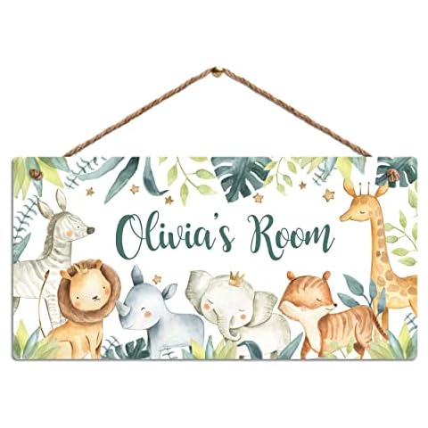 iCaseDesigner Personalised Room Sign with Childs Name - Safari Animal Theme. Gloss Metal Wall Art. Baby, Toddler, Infant Bedroom Cover