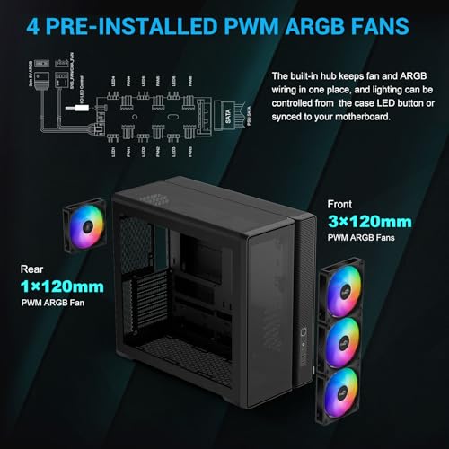 Image of SAMA S50 ATX Mid Tower Gaming PC Case, 4 ARGB PWM Fans, USB-C, Black | High Airflow Mesh Gaming Computer Case, Back-Connect Ready, 410mm GPU & 360mm AIO Support, GPU Bracket, 47mm Cable Management