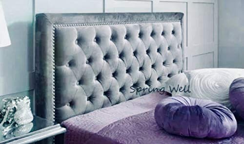 Spring Well,Upholstered Alton Studded Headboard with Buttons in Plush velvet 26''/30''/36'' Heights (4ft6-26'' Height, Mink)