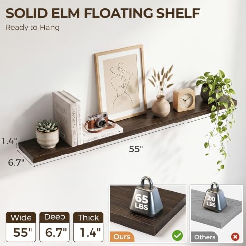 Image of Elm Floating Shelves for Wall - 55 in Rustic Solid Wood Shelves with Heavy-Duty Invisible Bracket, Wall-Mounted Wooden Shelf for Living Room, Bathroom, Kitchen Storage & Display, Set of 1, Walnut