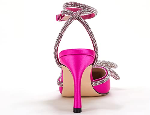 Vetaste Women's Double Bow Pointed Toe Ankle Strap Crystal Pumps Wedding Bridal Party Stilettos Backless Satin Heeled Sandals #TOP6