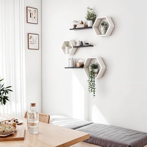 Image of Engineered Wood Woden Hexagonal Shape Wall Hanging Rack Floating Shelves for Display for Photos,Plants Living Room, Bedroom,Bathroom, Kitchen, Office (Black White)