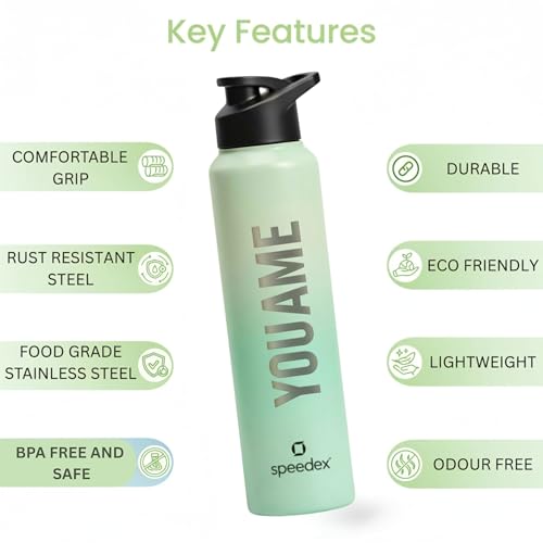 Image of Speedex Engraved Name Stainless Steel Sipper Water Bottle 1 Ltr - Customised Personalised Bottle for Kids & Adults, School, Gym, Sports, Black, Set of 1 (Dual Green, Set Of 1)