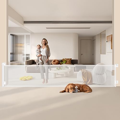 TSAYAWA 138" Extra Wide Retractable Baby Gate 34.5" Tall, Walk Through Child Safety Dog Gate Indoor Indoor for Stairs, Doorways, Long Mesh Baby Gates for Hallways, Outdoor White