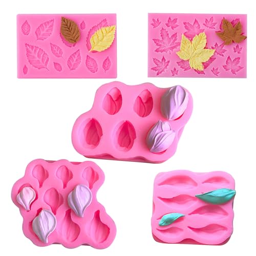 Ooyhool 5-piece flower and leaf-shaped silicone molds for cake decoration, chocolate making, polymer clay, resin casting and DIY crafts making
