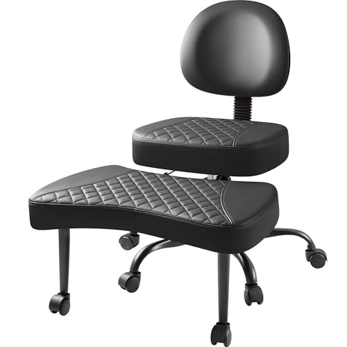 Image of Furmax Ergonomic Criss Cross Legged Office Chair with Wheels, 360Swivel Adjustable Height Kneeling Desk Chair with Footrest for ADHD, Yoga, Meditation, Home Office (Leather, Black)