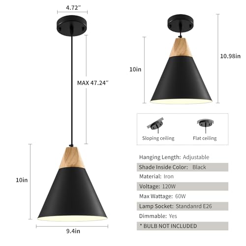 Sesiment C-P-B-2 Black Pendent Light 2 Packs 9.4 Inches, Kitchen Pendant Light, Farmhouse Pendant Light, Industrial Pedant Light, Black Pendant Lights Kitchen Island thumb #5