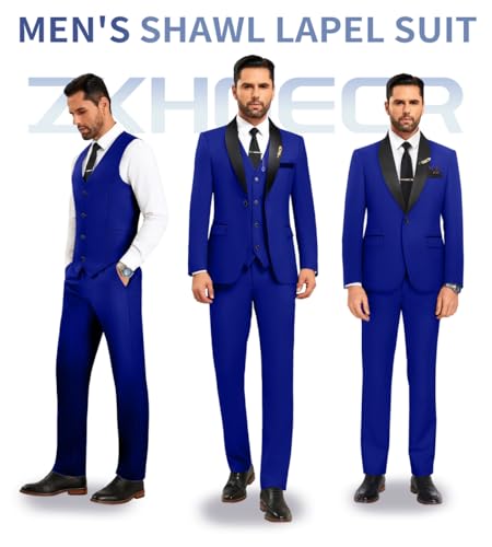 Men's 3 Piece Slim Fit Suit One Button Shawl Lapel Jacket Vest Pants Tuxedo Set with Bow Tie Pocket Square3