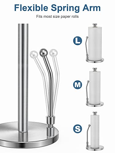 Smartake Paper Towel Holder For One Hand Tear, Paper Towel Dispenser Standing Weighted Base Non Slip, Spring Arm Fit Most Size Paper Roll, Stainless Steel Paper Towel For Kitchen Countertop Silver #TOP3