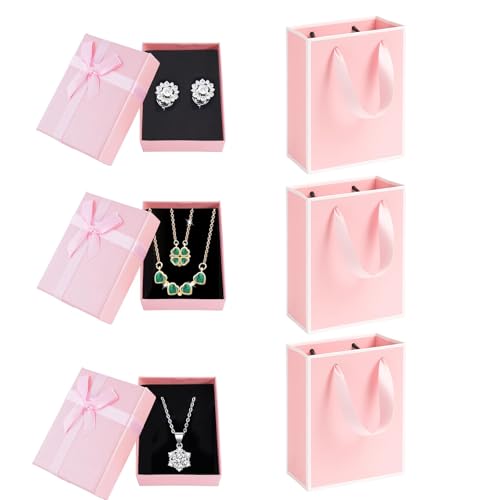 3Pcs Small Jewelry Boxes with 3 Gift Bag, Jewelry Gift Box with Ribbon for Earrings Necklaces, Container Soft Velvet Small Box with Lid for Birthday, Wedding - Earring, Ring, Necklace(Pink)