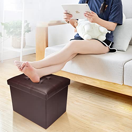 Image of Bsketa Storage Ottoman Bench,17 Inch Folding Leather Foot Rest Stool,Brown | Ottoman with Storage, Thicker Foam Padded Seat, Living Room, Dorm, Bedroom, Load 330 lbs, Easy to install,17x13x13in