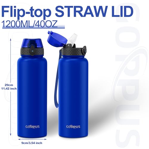 GOPPUS 1.2L/40oz Stainless Water Bottle with Straw Double Wall Insulated Bottles with Strap Large Vacuum Thermal Flask Leakproof Keep Cold Drinks Bottles with Flip Top Lid for Men Women BPA Free - Image 3