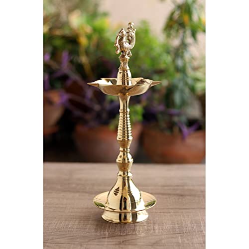 Image of Indian Art Villa Pure Brass Shine Finish Stand /Pillar Diya /Deepak /Lamp /Lantern with Peacock Design, Pooja, Home Decor & Diwali Gift Item, Height-16 Inches, Set of 2