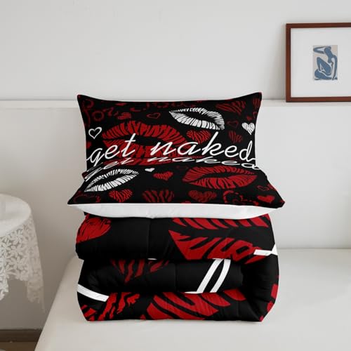 Image of Feelyou Sexy Lips Comforter Funny Get Naked Comforter Set for Couple Lover Kiss Bedding Set White Red Woman Mouth Pattern Decor Duvet Set Room Decor King Size Quilt Set 3Pcs