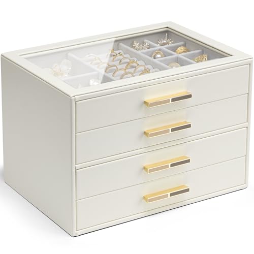 Vlando 4 Layer Jewelry Box for Women, Glass Lid Jewelry Organizer with 4 Drawers for Necklaces Rings Earrings Bracelets - Cloud White A. Cloud White 4-Layer