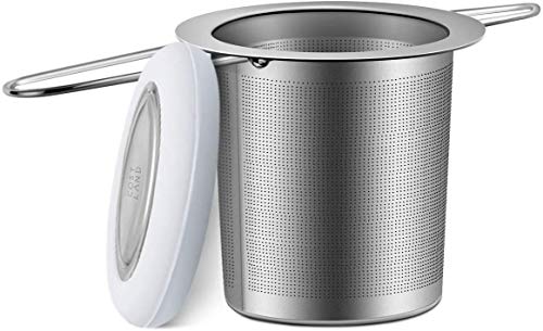 Cosyland Tea Infuser 188 Stainless Steel Tea Strainer Tea Filter Loose Tea Infuser Mesh Strainer Brewing Basket with Lid Large Capacity Double Handles – Grey