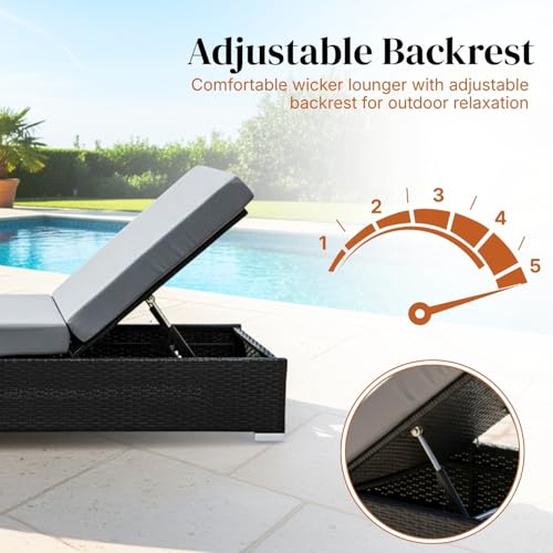 Image of DEVOKO Outdoor Rattan Wicker Sun Lounger Recliner for All Weather Comfort with Durable Metal Frame Ideal for Garden, Deck, Lawn, Poolside (Black & Grey)