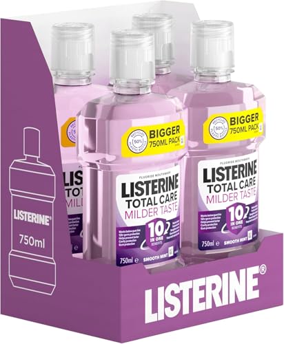 Listerine Total Care Milder Taste (Zero Alcohol) Antibacterial Mouthwash (750ml), Caring and Cleansing Wash with 10-in-1 Benefits, Freshens Breath with Milder Taste,Pack of 4