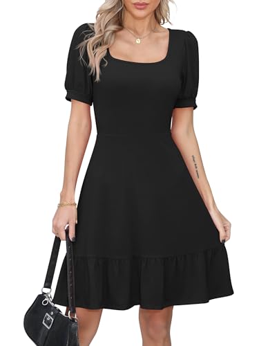 Missufe Swing Sommerkleid Freizeitkleider Kurzarm Rüschenkleid Damen A Linien Puffärmel Skaterkleid (Schwarz, S)