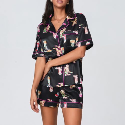 Image of Yiulangde Women's Easter Pajamas 2 Piece Sets Satin Short Sleeve Preppy Easter Eggs Bunny PJs Outfit Button Up Loungewear Set