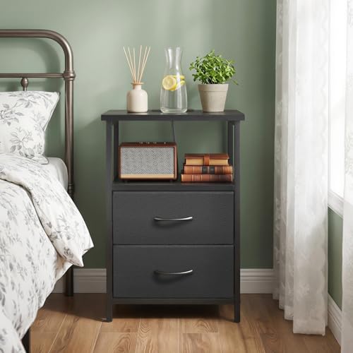 Image of Fixwal Black Night Stand with Charger Station, Nightstand with Charging Station & Fabric Drawers