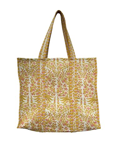 Image of Quilted Cotton Hand printed Reversible Large multicolor cotton Tote Bag,Indian Handmade Block Printed Tote Bag Women Handbag
