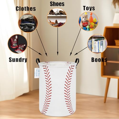 Image of Round Laundry Basket Collapsible Storage Hamper Organizer Red Baseball | Waterproof Canvas Foldable Baskets with sturdy Handles Multi-scene Organizer for Home Play Bedroom Gift Bin