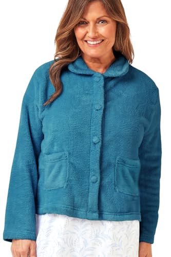Marlon Women's Lucy Fleece Bed Jacket - Soft Short Robe with Collar, Long Sleeves & Button or Zip Closure - Cosy & Warm Loungewear, New Teal, 16-18